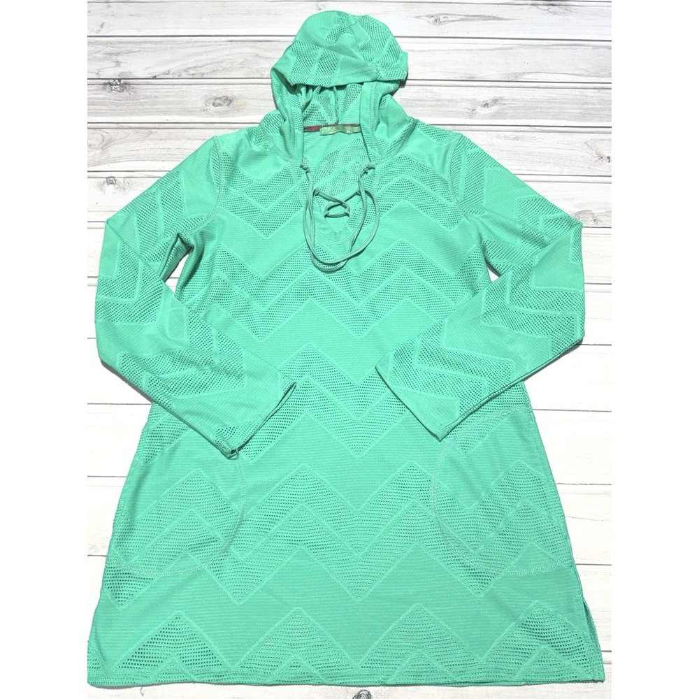 Prana Alexia Tunic Womens Medium Green Hooded  Zig Zag Mesh Swim Cover Up